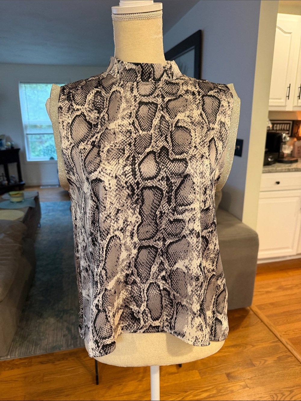 Snake Print Mock Neck Top -Sequin Sleeve Border - Black & White